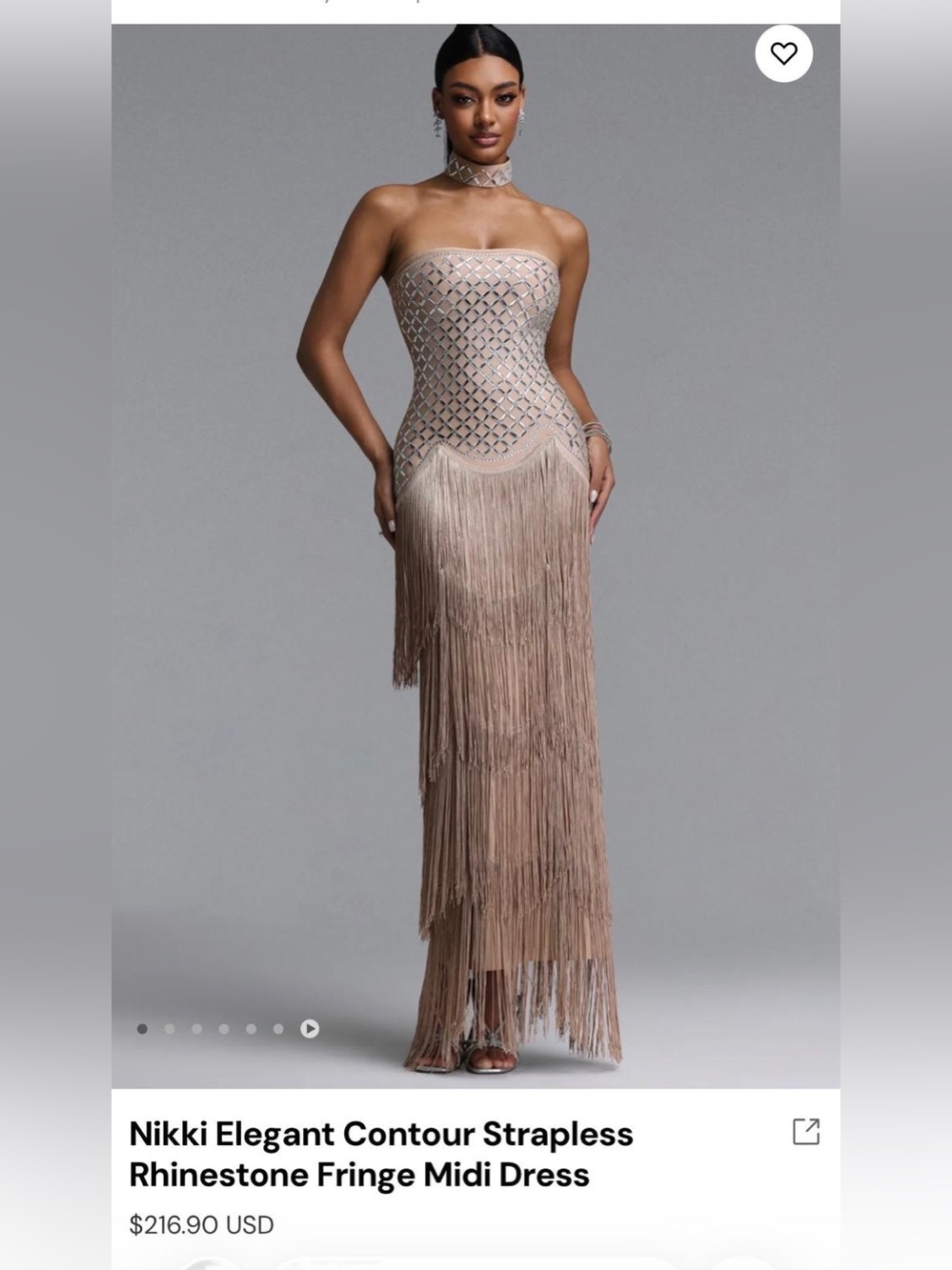Elegant Strapless Rhinestone Fringe Maxi Dress in Taupe